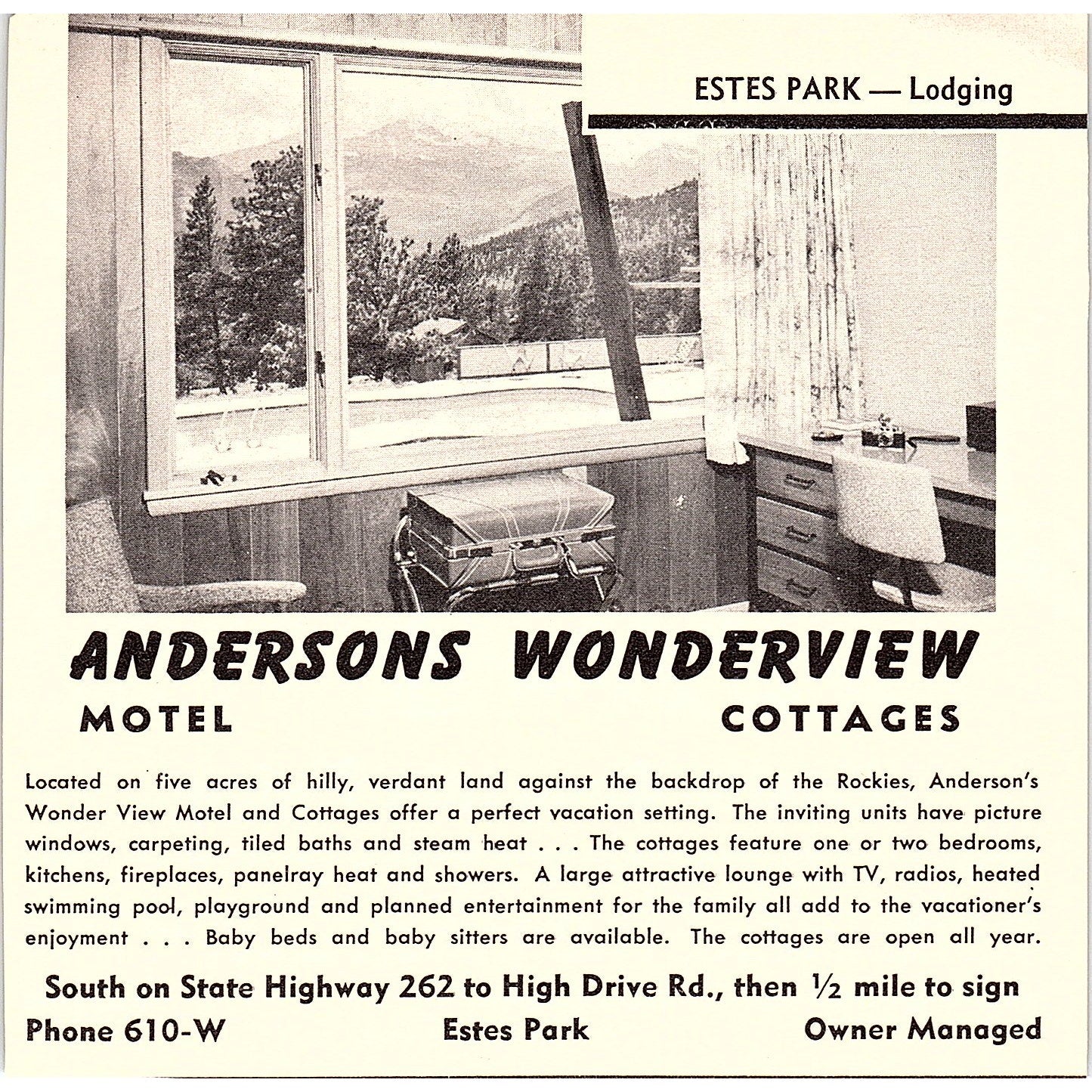 Castle Mountain Lodge, Anderson's Wonderview Motel Estes Park CO 1958 Ad AG1-H1