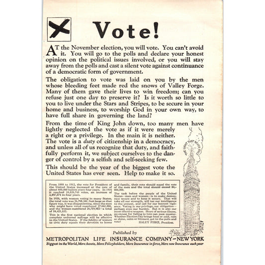 Voting PSA Metropolitan Life Ins Co New York 1924 Magazine ad D23