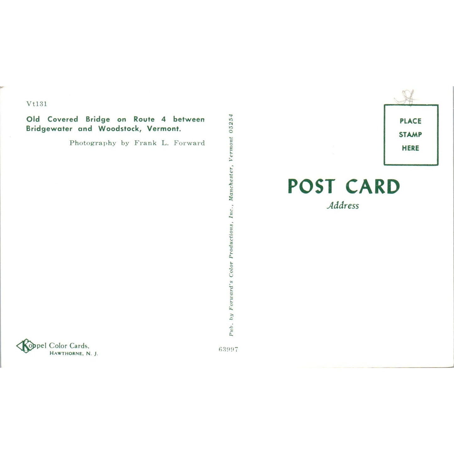 Old Route 4 Bridge Bridgewater Woodstock Vermont Covered Bridge Postcard PC1