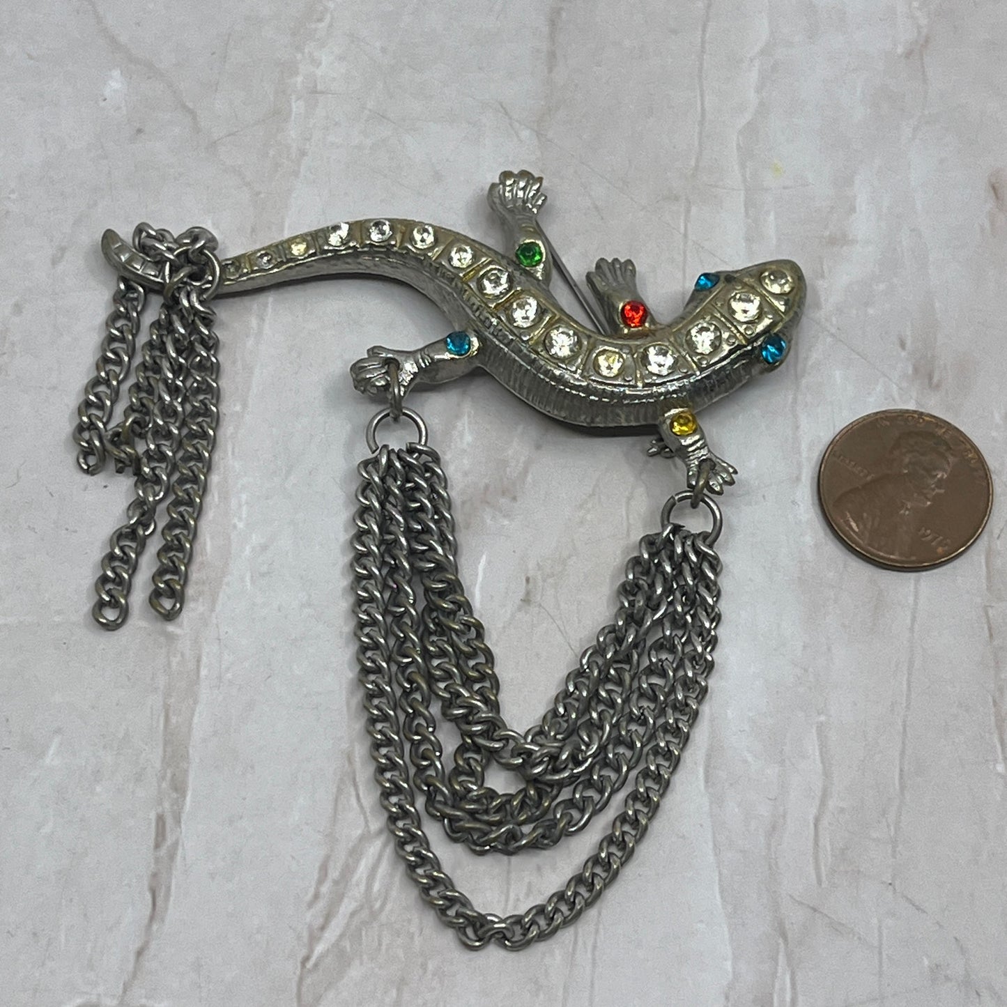 Vintage Rhinestone Gecko Salamander Lizard Brooch Pin with Tassel SB3