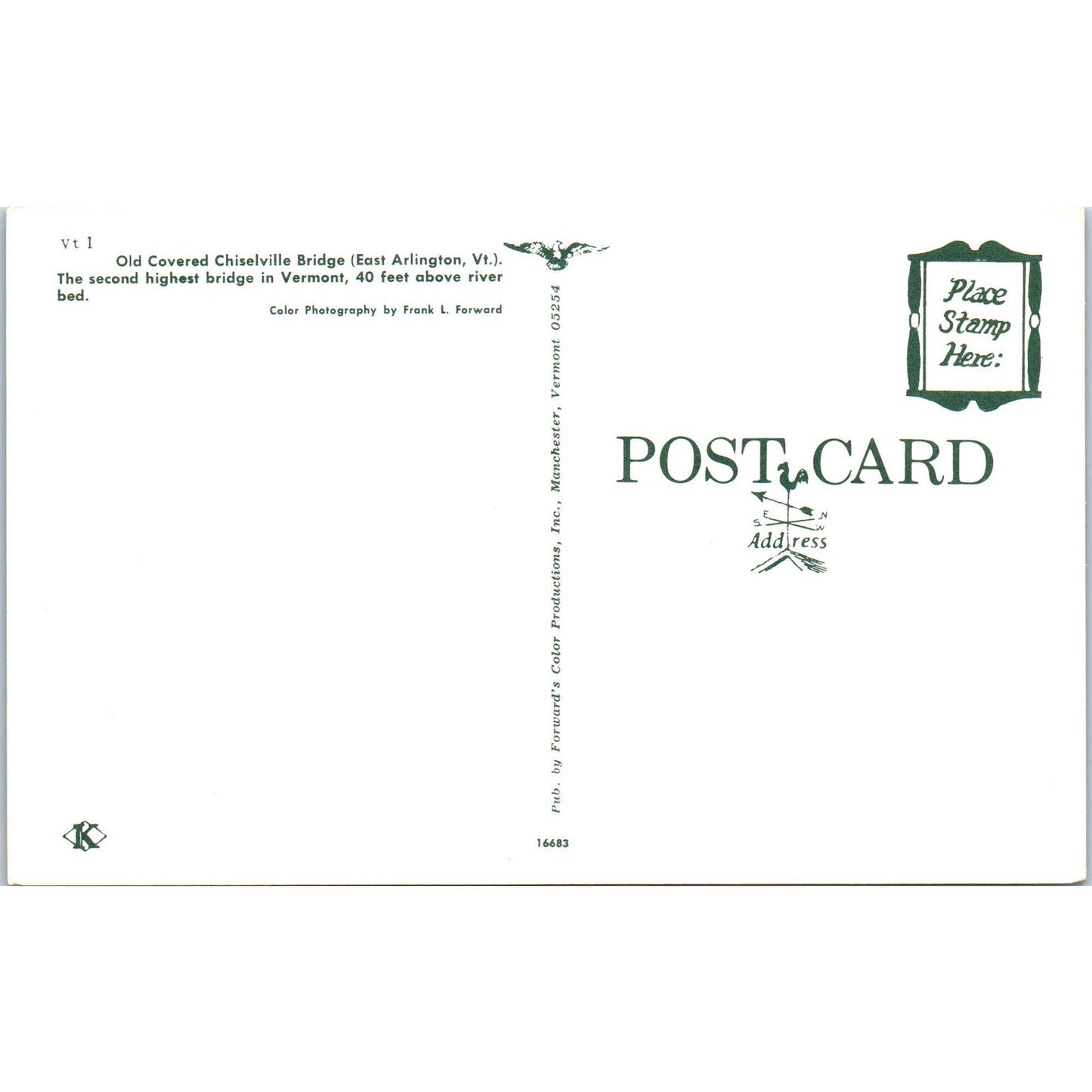 Old Covered Bridge Chiselville East Arlington VT Covered Bridge Postcard PC15