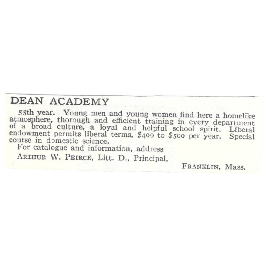 Dean Academy Walter W. Peirce Franklin MA c1918 Original Advertisement AE5-SV4