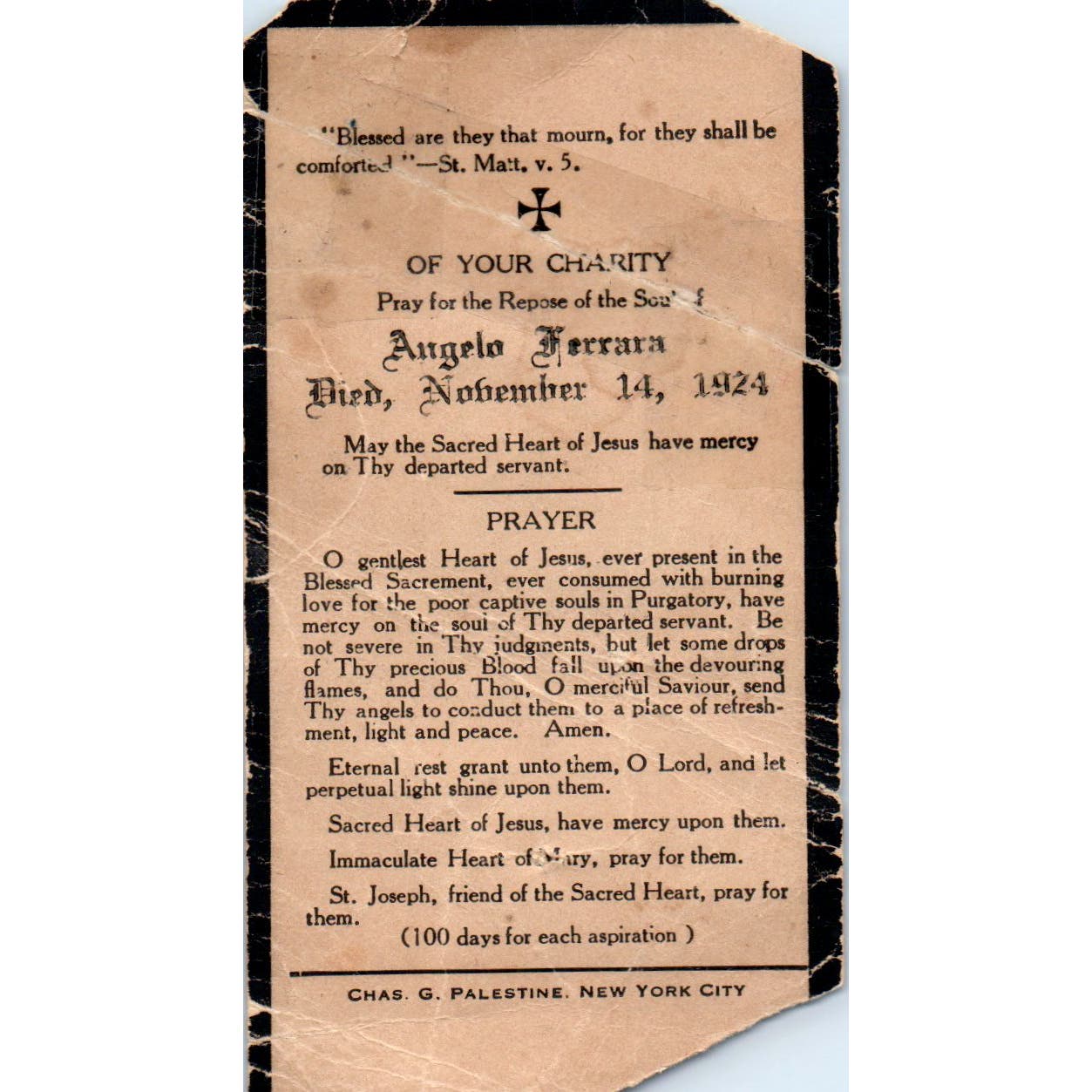 1924 Funeral Prayer Card Angelo Ferrara Matthew 26:42 AE4