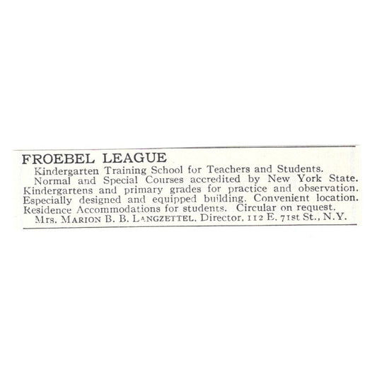 Froebel League Kindergarten Marion B.B. Langzettel NY 1924 Magazine Ad AD8-O6