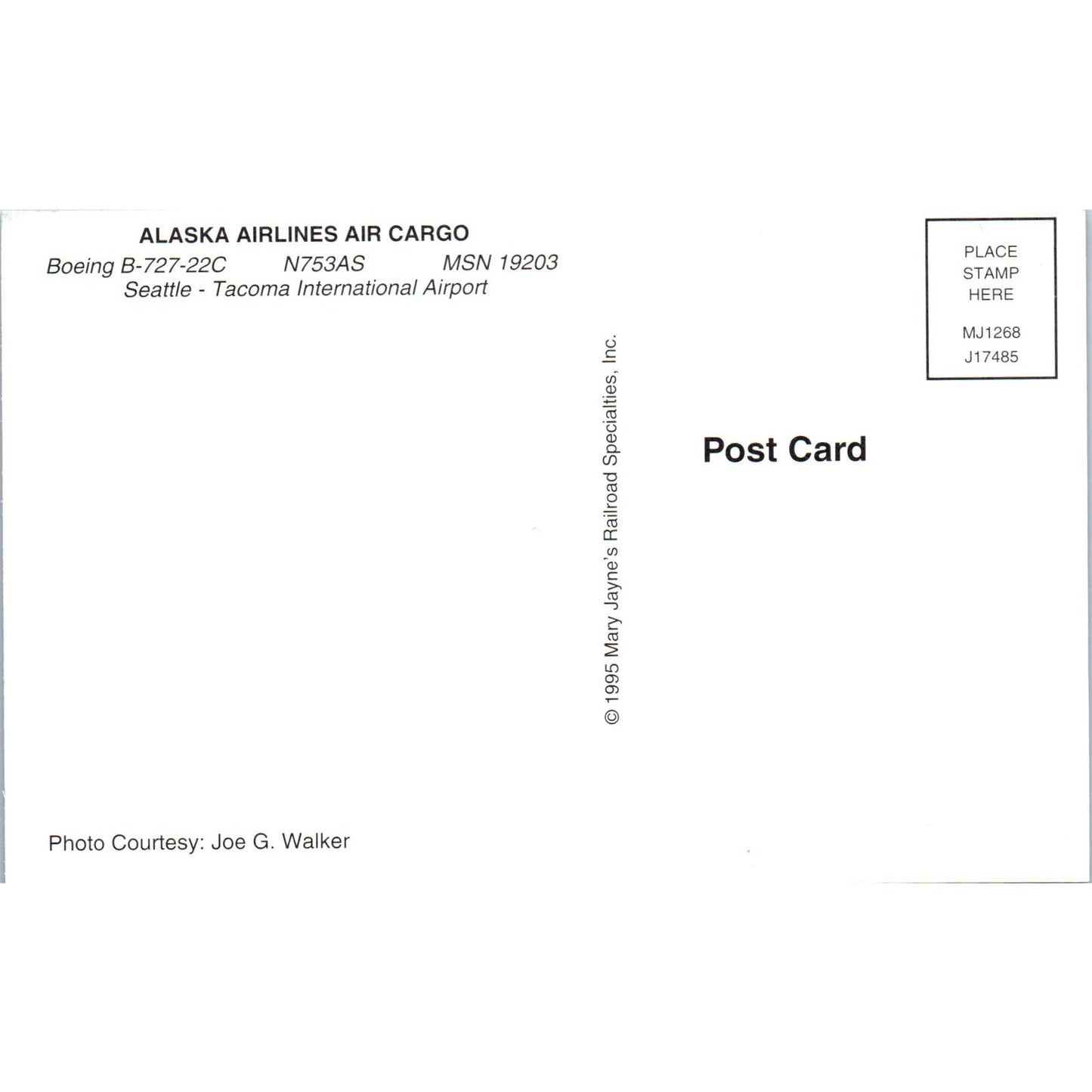 Alaska Airlines Air Cargo Boeing B-727-22C Vintage Postcard PC3