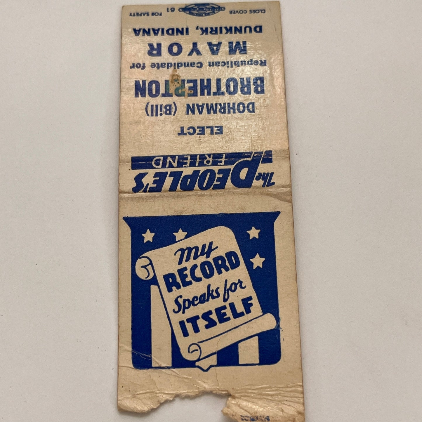 Vote Bill Dohrman Brotherton Mayor Dunkirk IN Republican Matchbook TB6-MB2-15