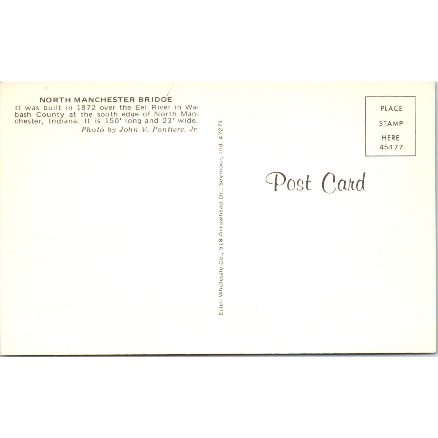 North Manchester Bridge Wabash County Eel River IN Covered Bridge Postcard PB12