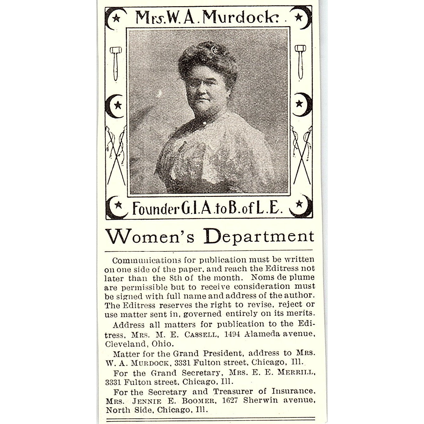 Mrs W.A. Murdock Founder G.I.A. to B of L.E. Chicago 1914 Original Ad AF3-Q4