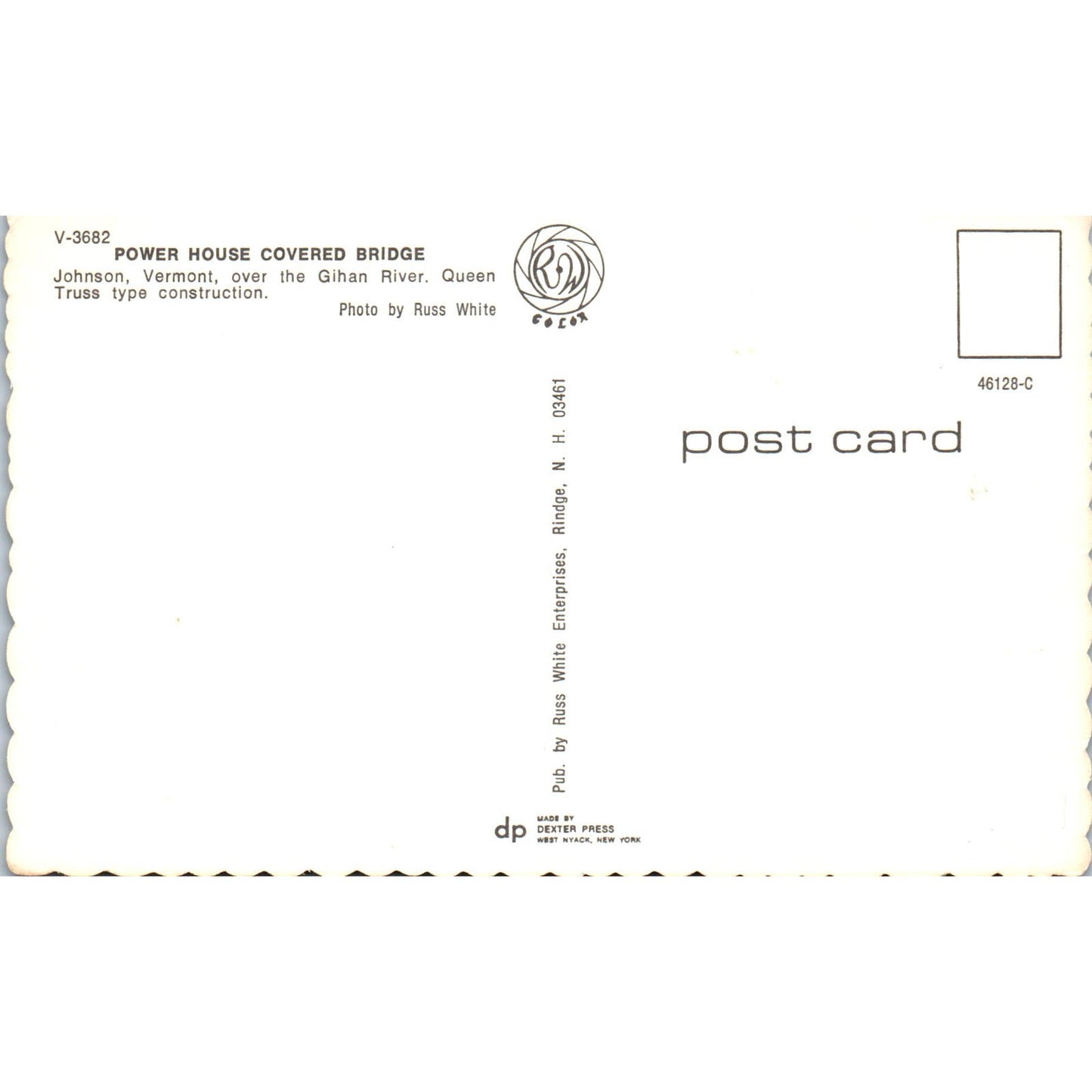 Power House Covered Bridge Johnson Gihan River NH Covered Bridge Postcard PC4