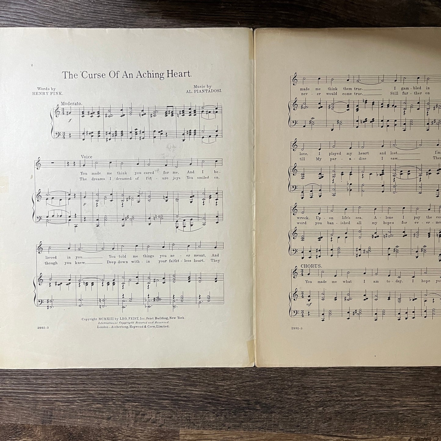 The Curse of an Aching Heart Henry Fink Al. Piantadosi 1913 Sheet Music V13