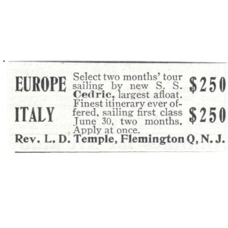 Europe Travel Rev. L.D. Temple Flemington Q NJ 1903 Ad AG3-S13