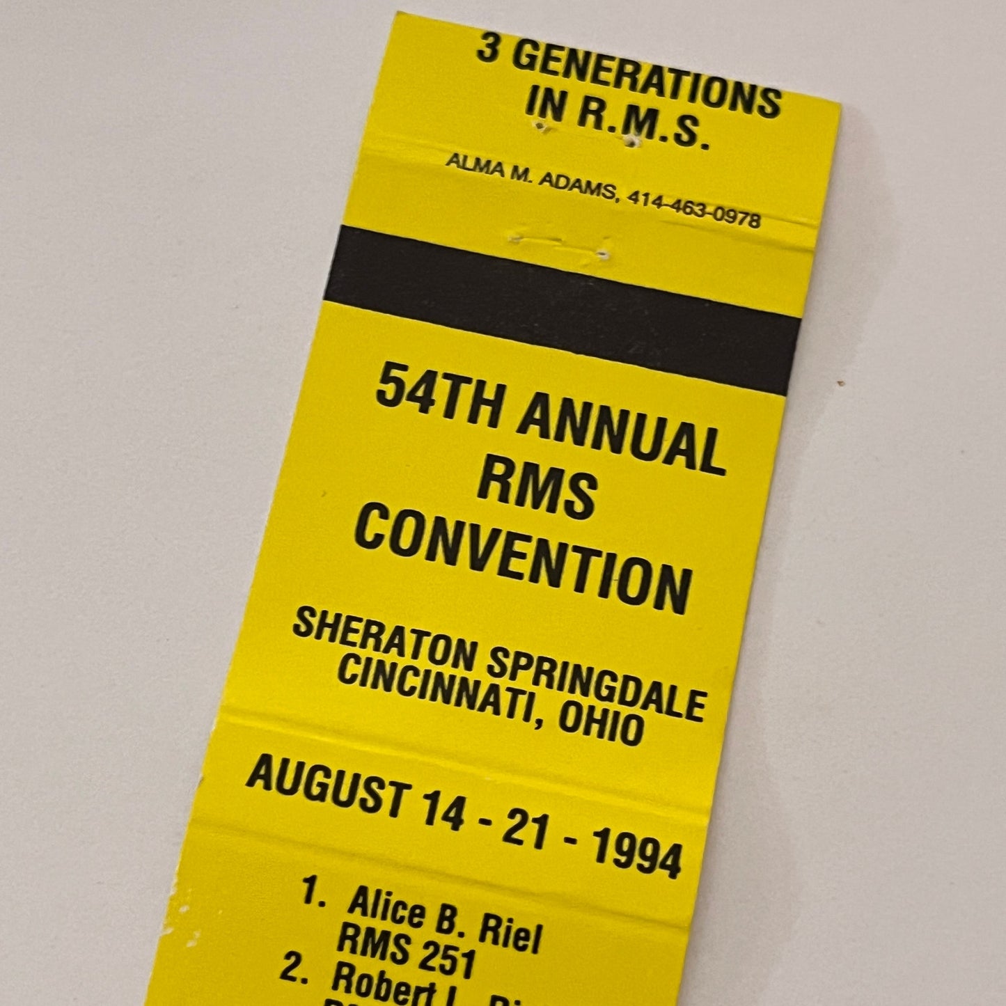 1994 RMS Convention Cincinnati OH Vintage Matchbook Cover TB6-MB2-2