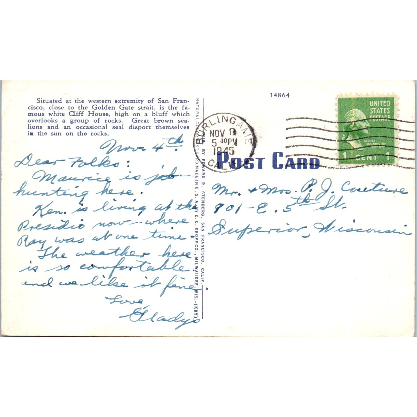 1945 Cliff House and Seal Rocks San Francisco CA Vintage Postcard PD9