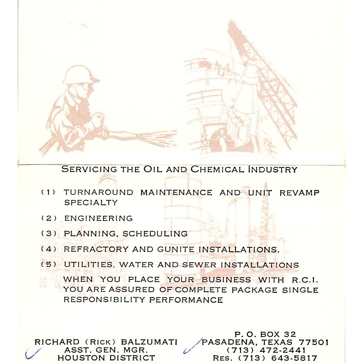 Richard Balzumati Refractory Construction Inc Pasadena TX Business Card SD9-B3