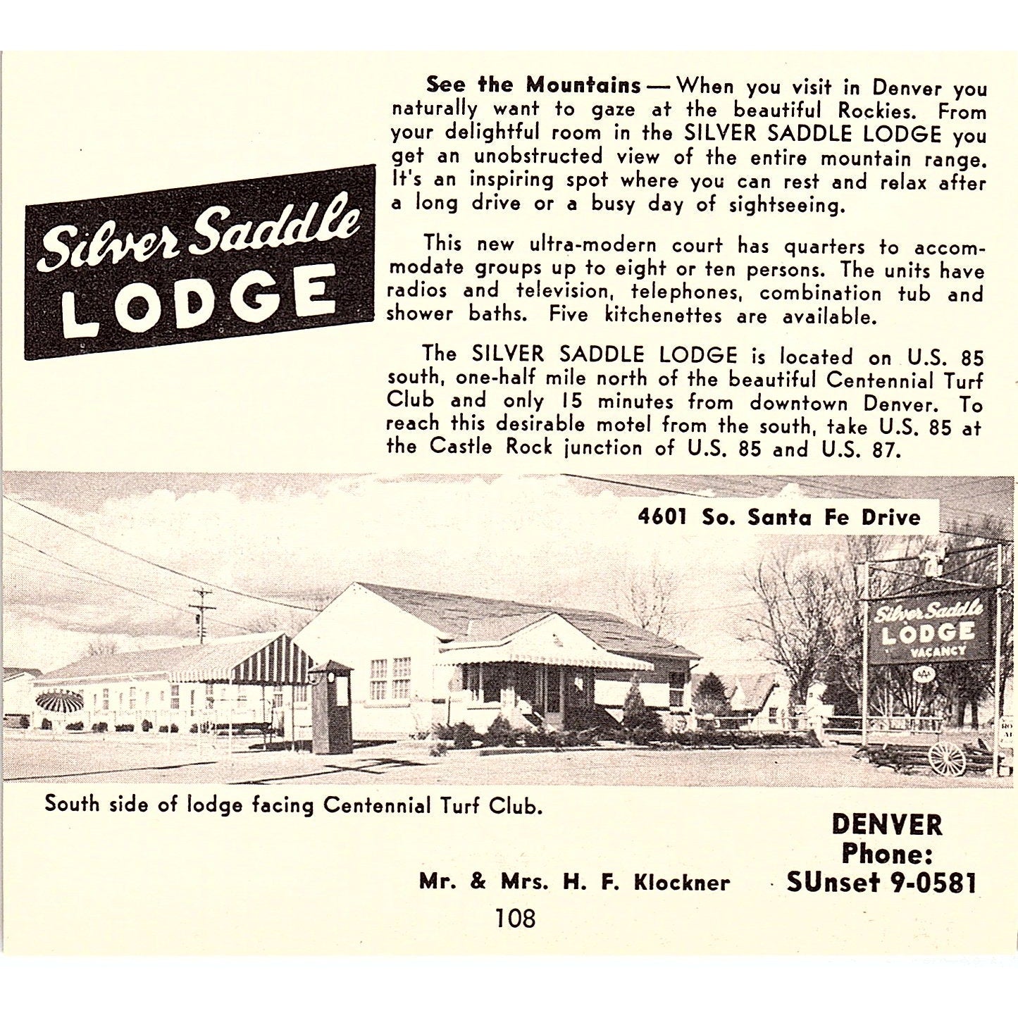 Out West Motel, Silver Saddle Lodge H.F. Klockner Denver CO 1958 Ad AG1-H1