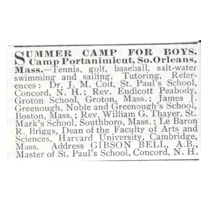 Summer Camp for Boys Camp Portanimicut So Orleans MA Gibson Bell 1903 Ad AF8-S43