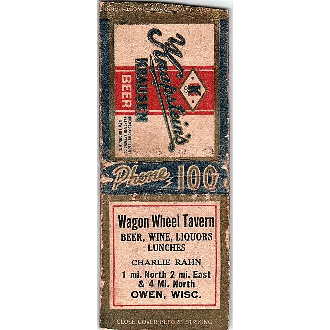 Wagon Wheel Tavern Owen WI Vintage Matchbook Cover SC7-Y10
