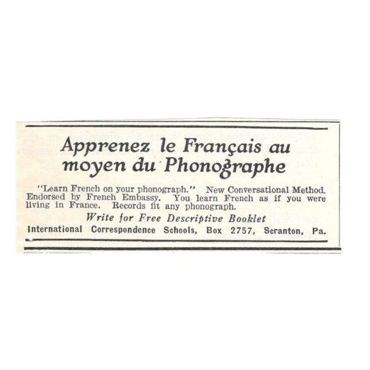 Learn French on Phonograph Correspondence School Scranton PA 1924 Ad AD8-O5