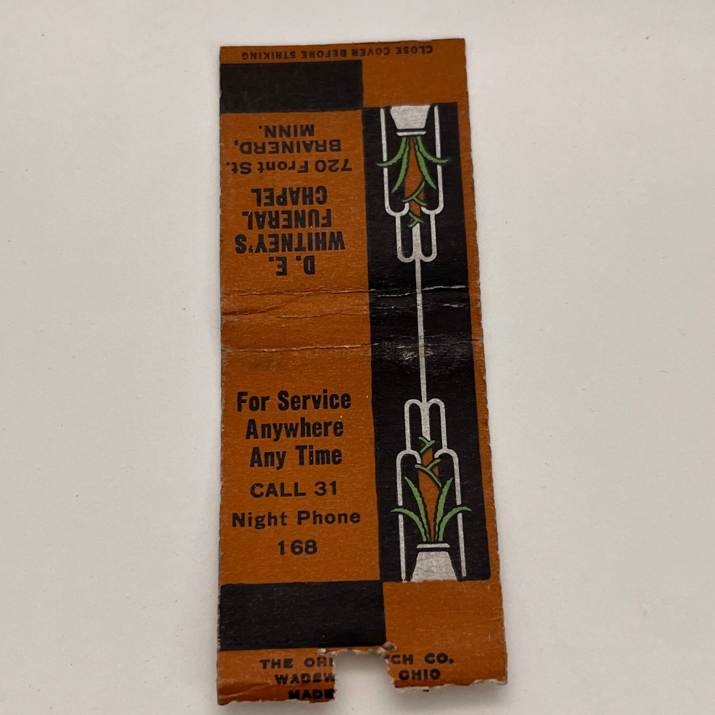 D.E. Whitney's Funeral Chapel Brainerd MN Vintage Matchbook TB6-MB2-15