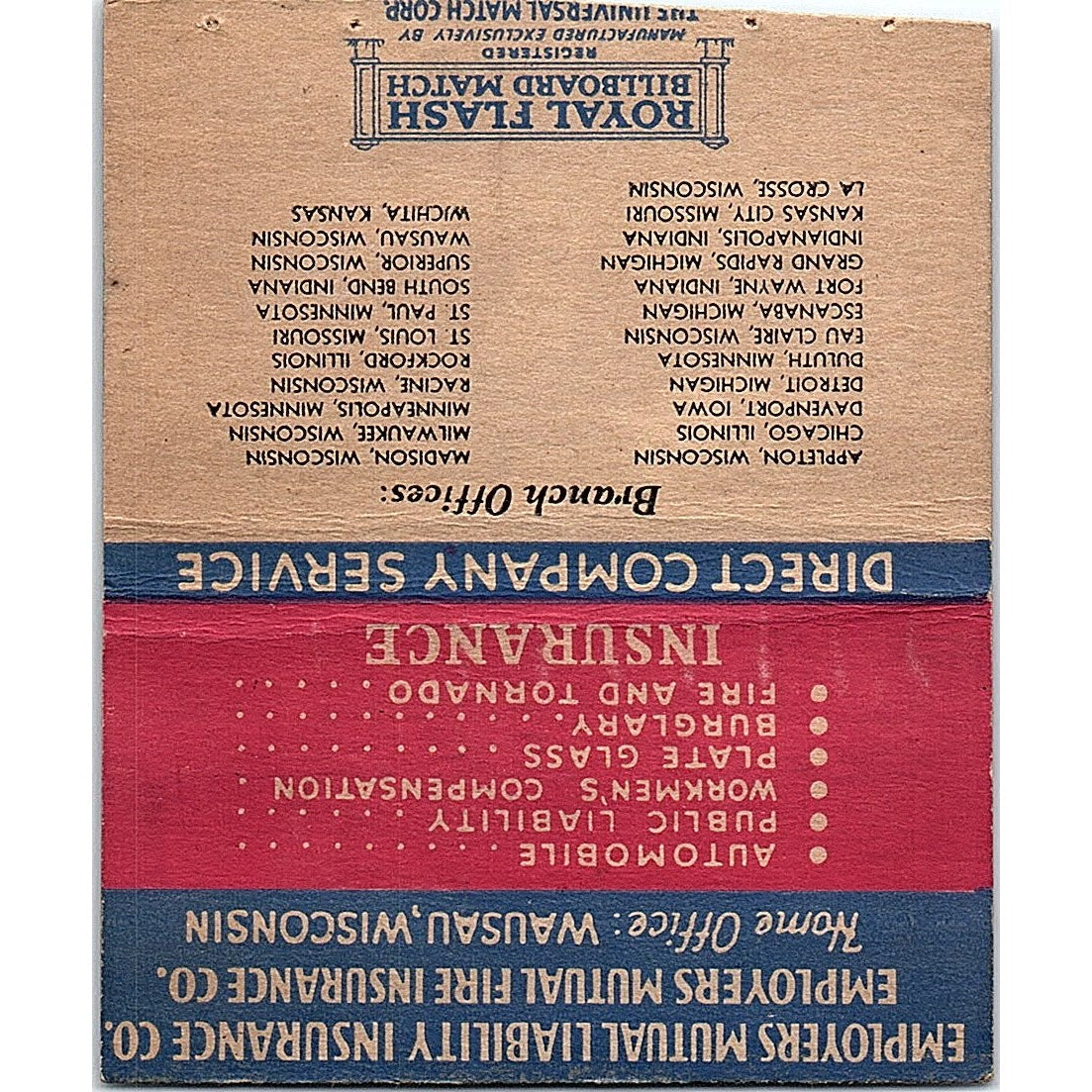 Employers Mutuals Wausau WI Vintage Large Matchbook Cover TH2-Y1