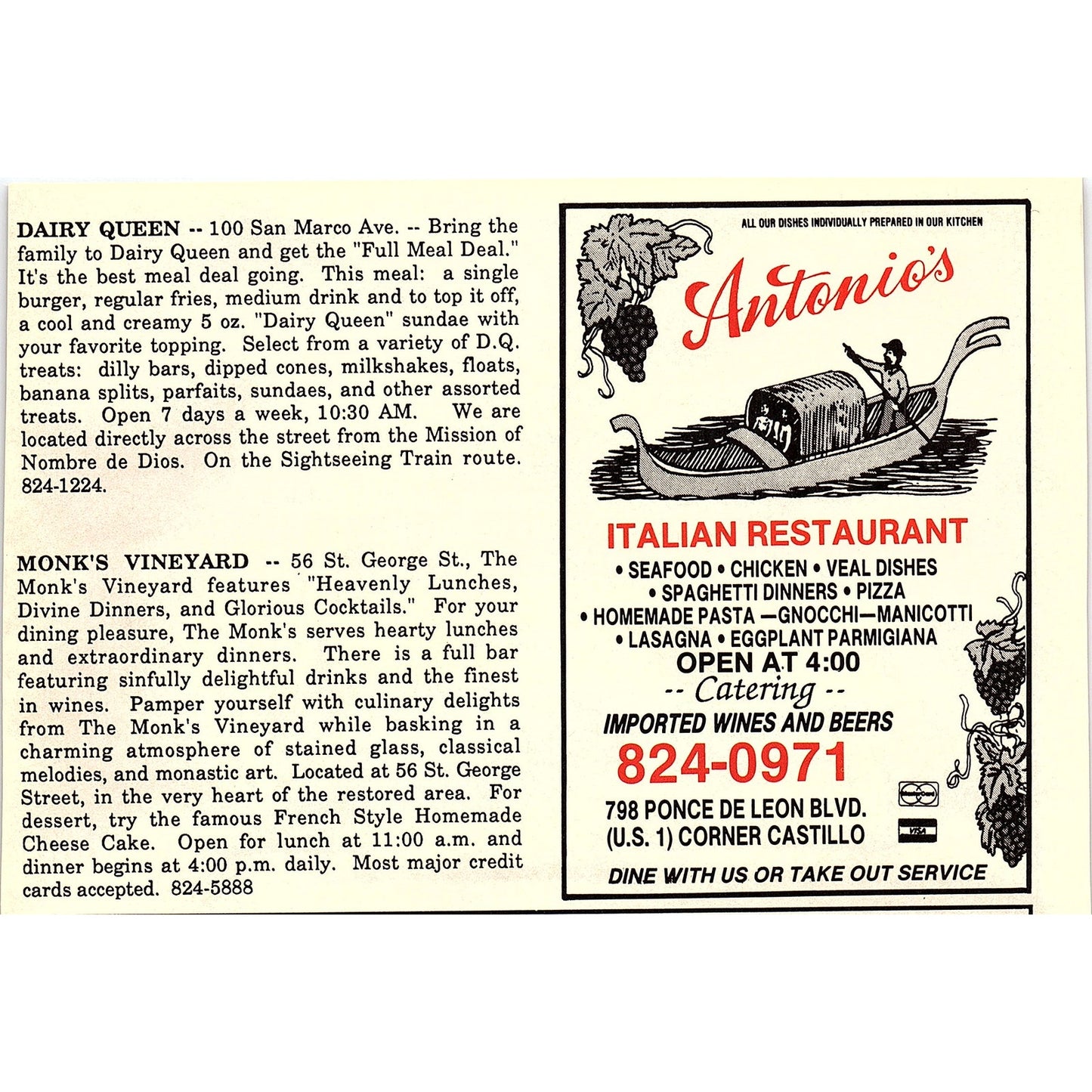 Santa Maria Restaurant Connell City Yacht Pier St. Augustine FL 1989 Ad AF9-12