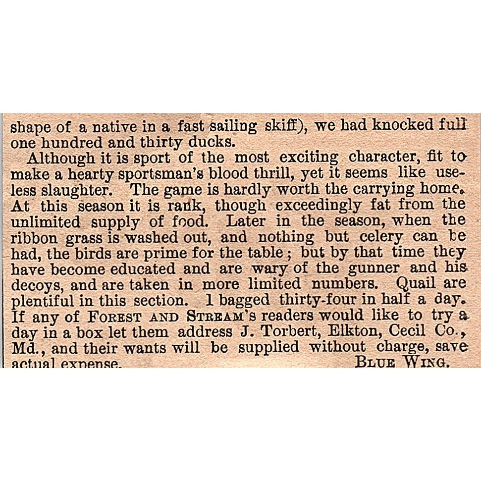 Duck Shooting on the Susquehanna Flats J. Torbert Elkton MD 2 Pages 1878 AG2-7