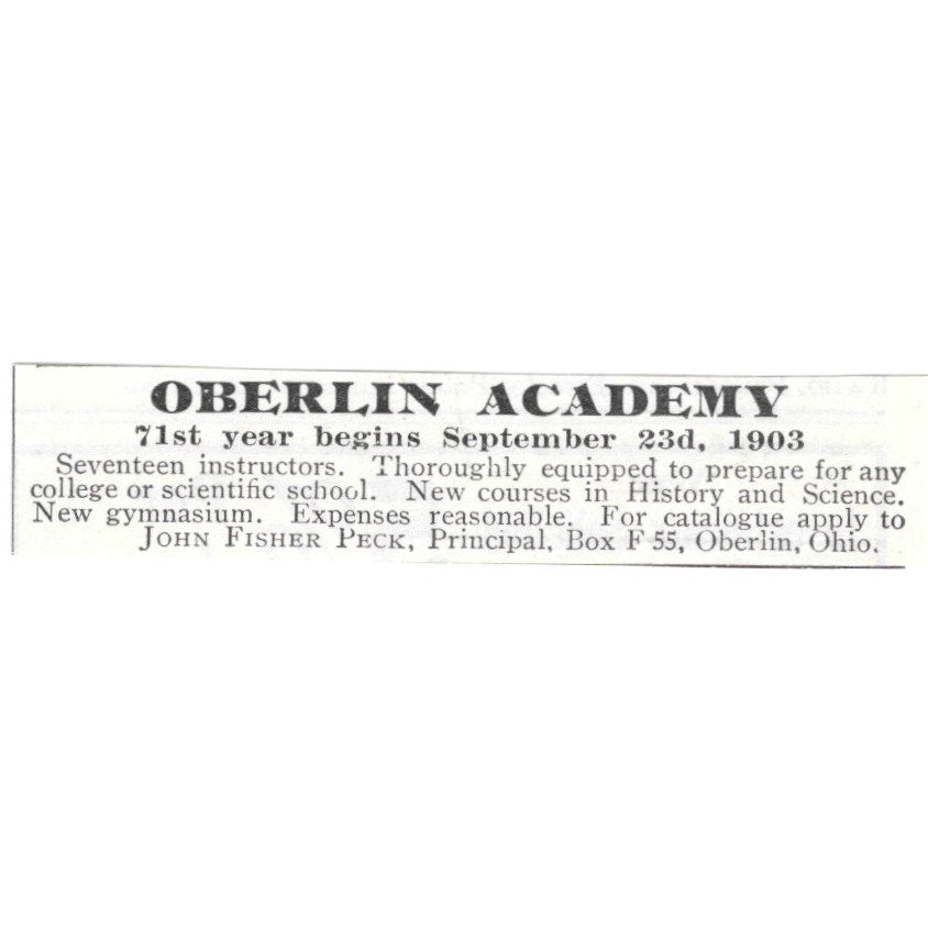 Oberlin Academy John J. Fisher Peck Oberlin Ohio 1903 Ad AG3-S15