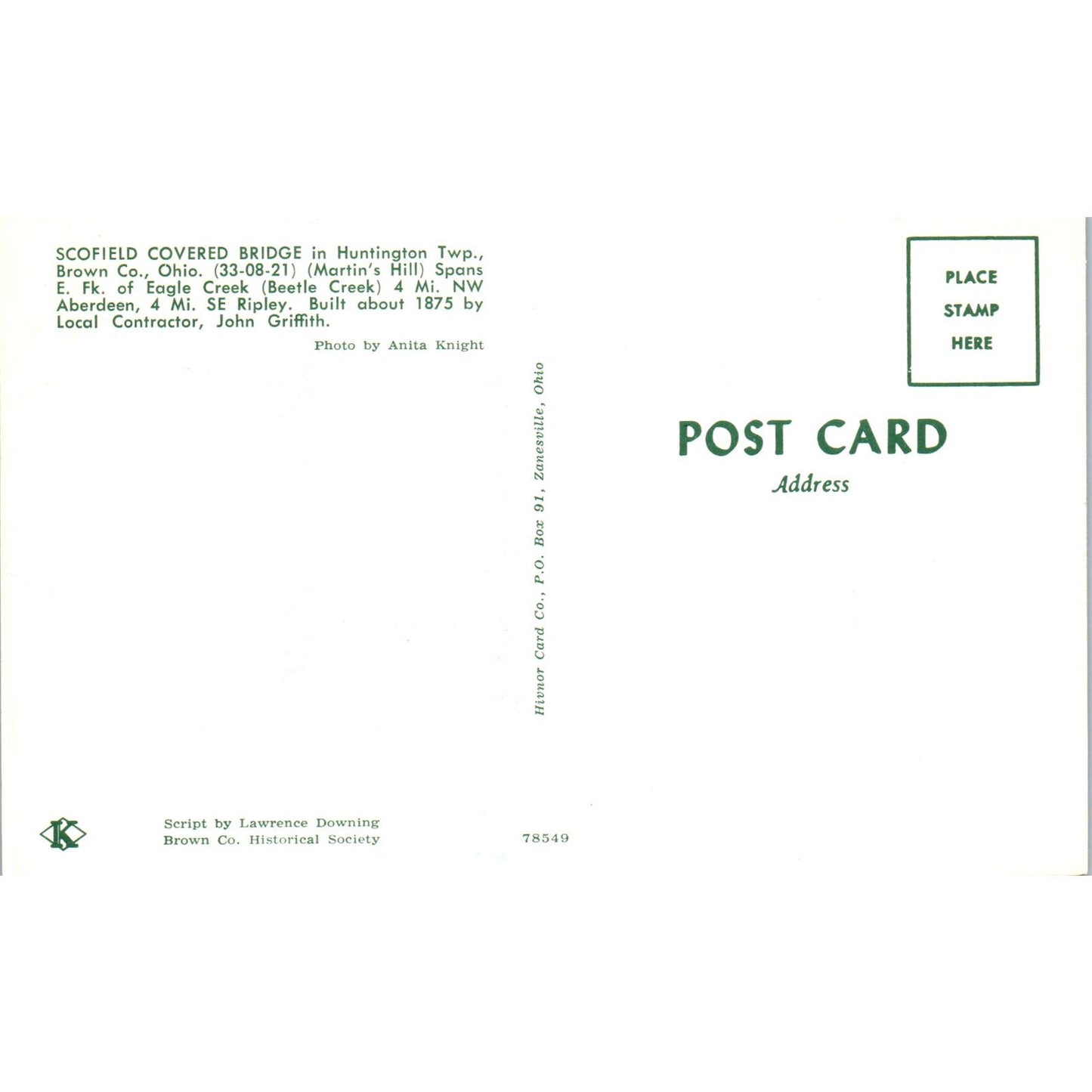 Scofield Bridge Huntington Twp Brown County OH Covered Bridge Postcard PC16