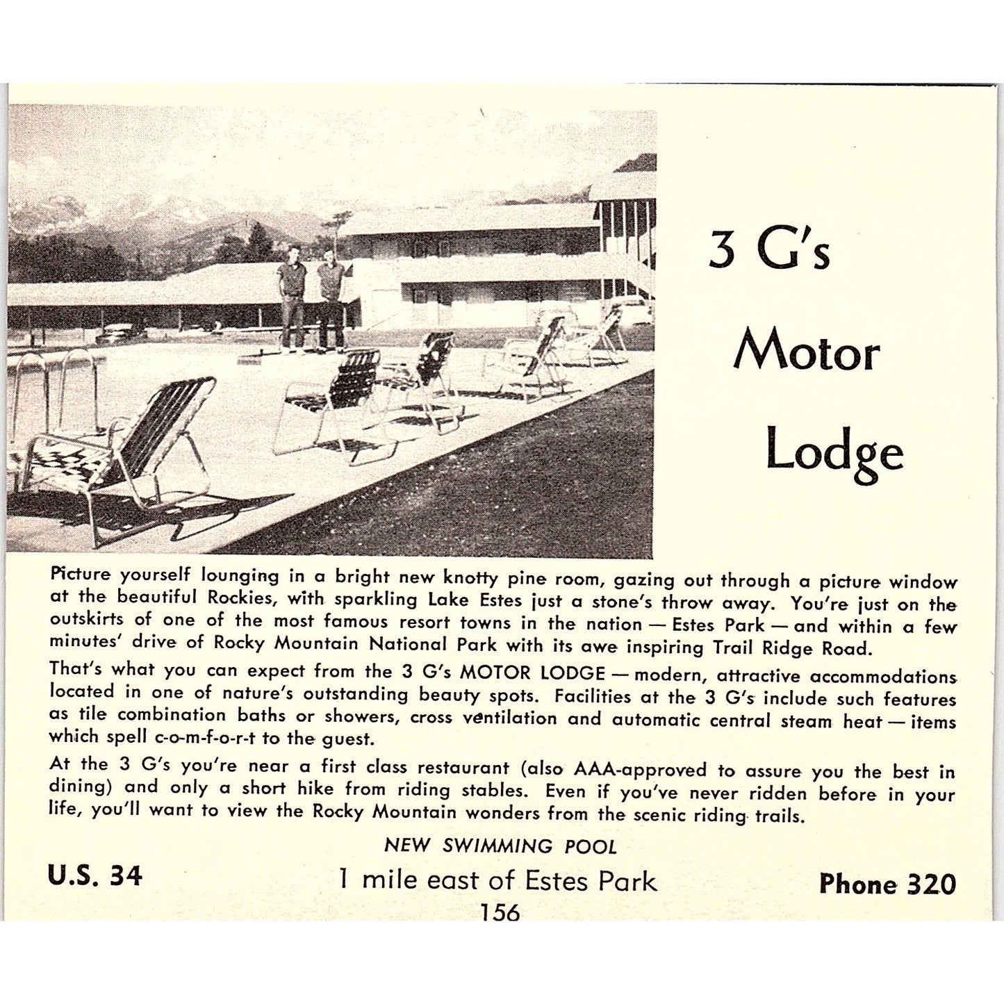 Park View Motel, 3 G's Motor Lodge Estes Park CO 1958 Ad AG1-H1