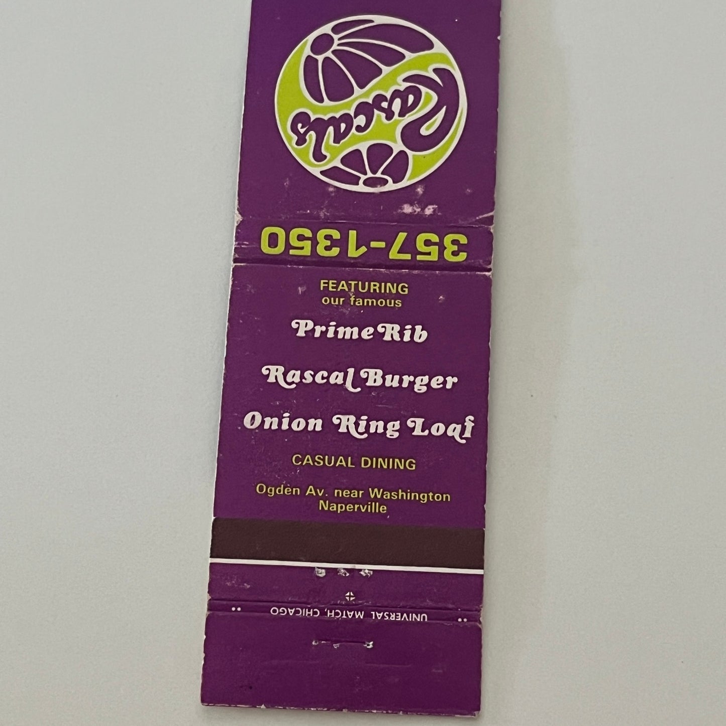 Rascals Restaurant Ogden Ave Naperville Vintage Matchbook Cover TB6-MB2-4