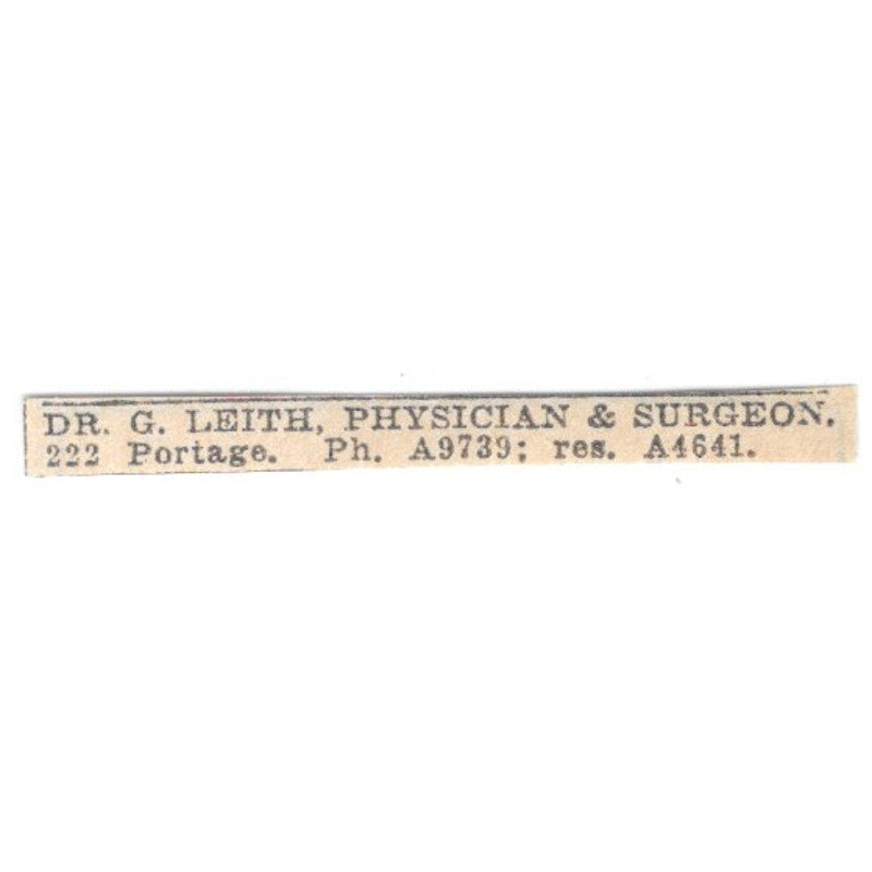 Dr G Leith Physician and Surgeon 222 Portage Winnipeg 1920 Ad AG2-S12