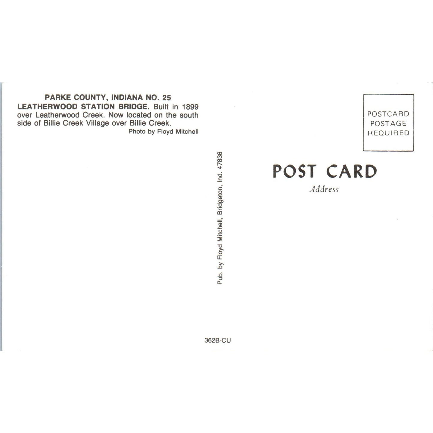 Parke County IN 25 Leatherwood Bridge Vintage Covered Bridge Postcard PD6