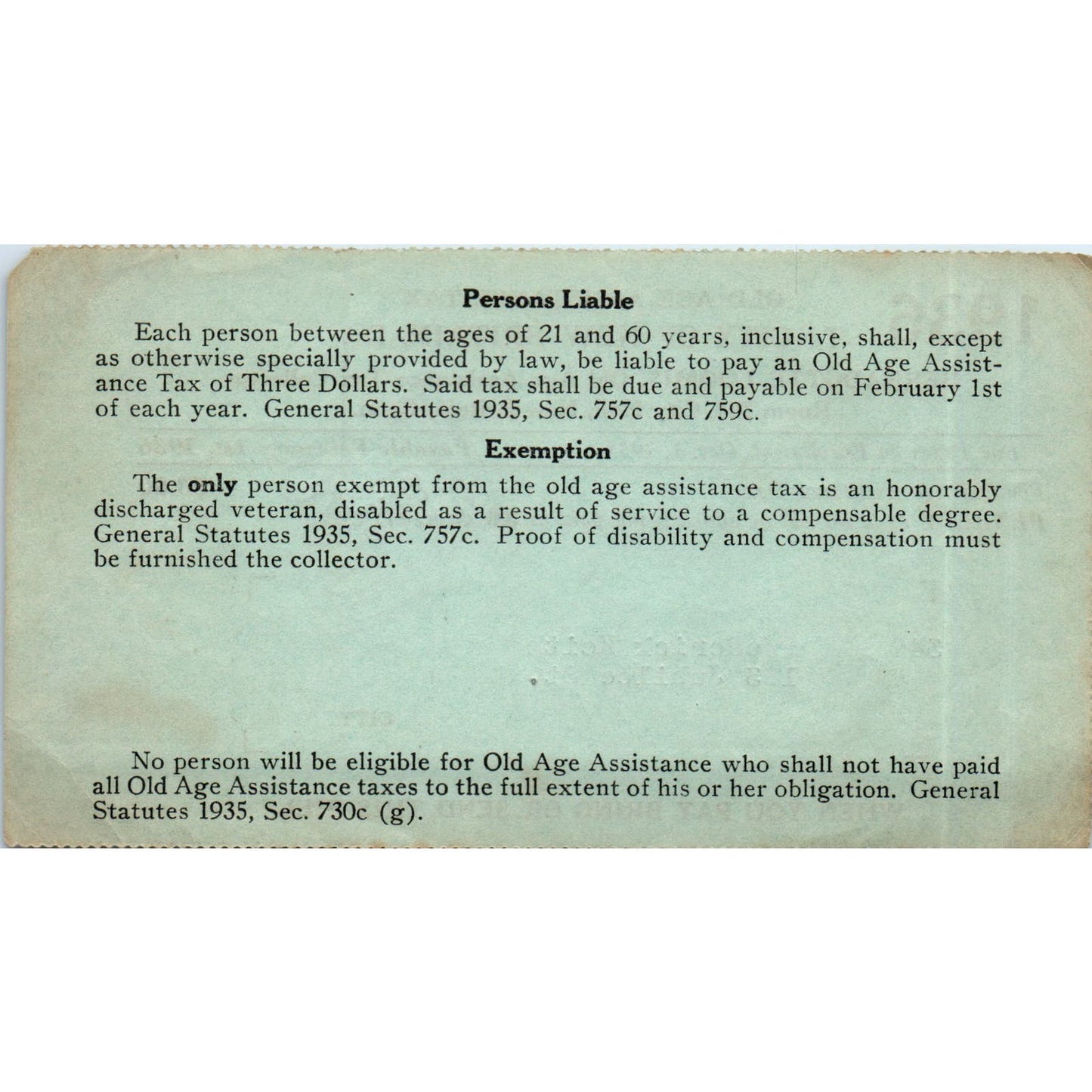 1936 Old Age Assistance Tax Stub Frederick Keith New Britain CT AE7