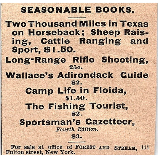 Forest & Stream Seasonable Books 1878 Ad AG2-M14