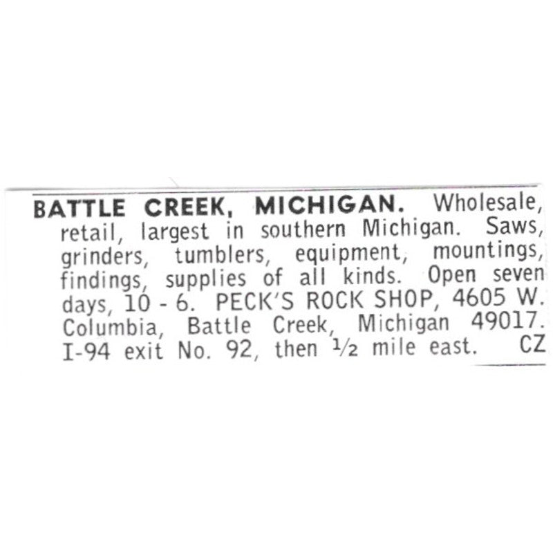 Peck's Rock Shop Battle Creek Michigan 1972 Ad AF8-S20