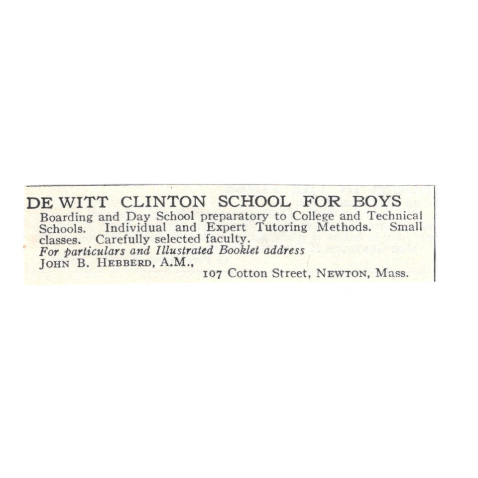 DeWitt Clinton Boys School John B Hebberd Newton MA 1924 Magazine Ad AD8-O5