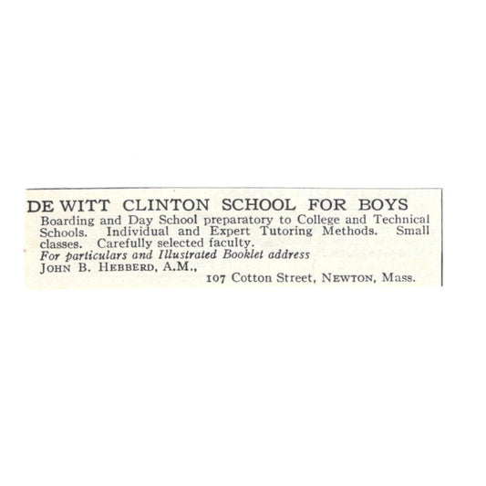 DeWitt Clinton Boys School John B Hebberd Newton MA 1924 Magazine Ad AD8-O5