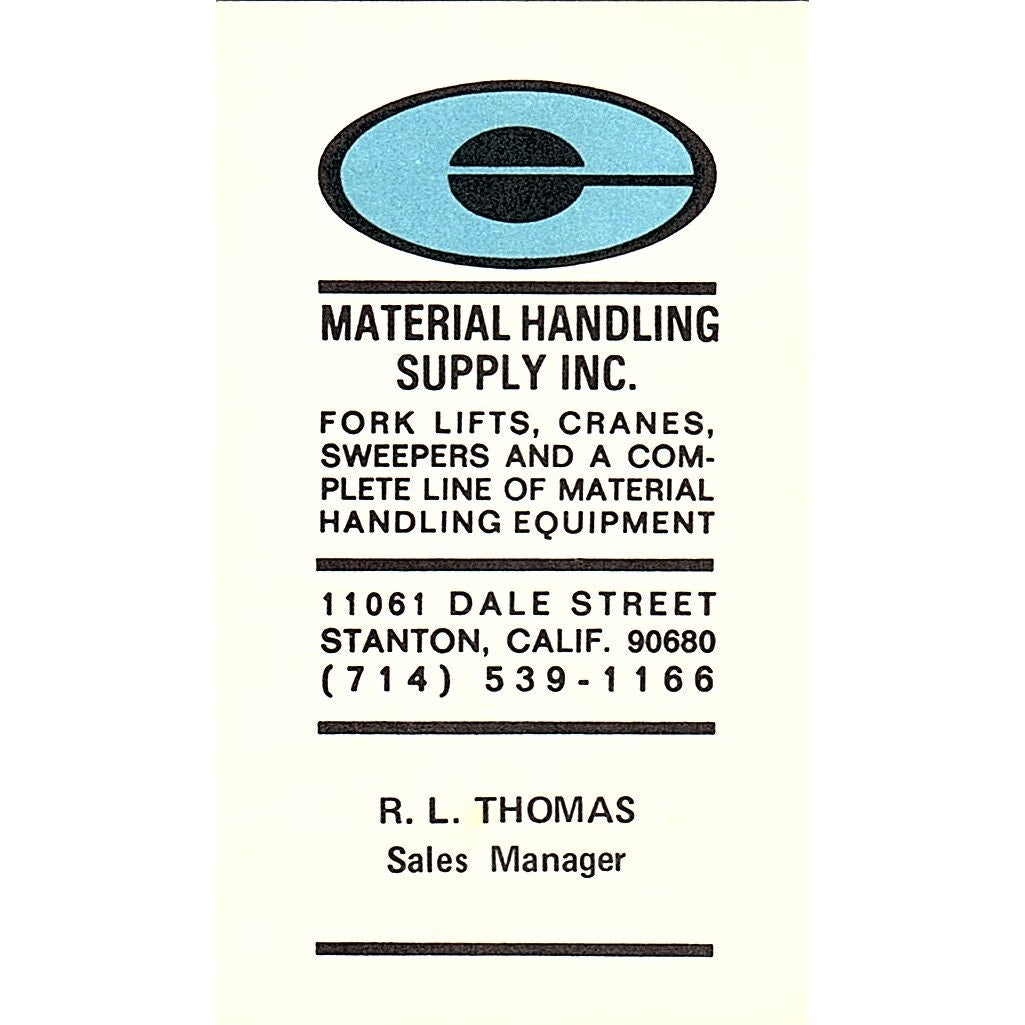 Material Handling Supply R.L. Thomas Stanton CA Vintage Business Card SB4-B4