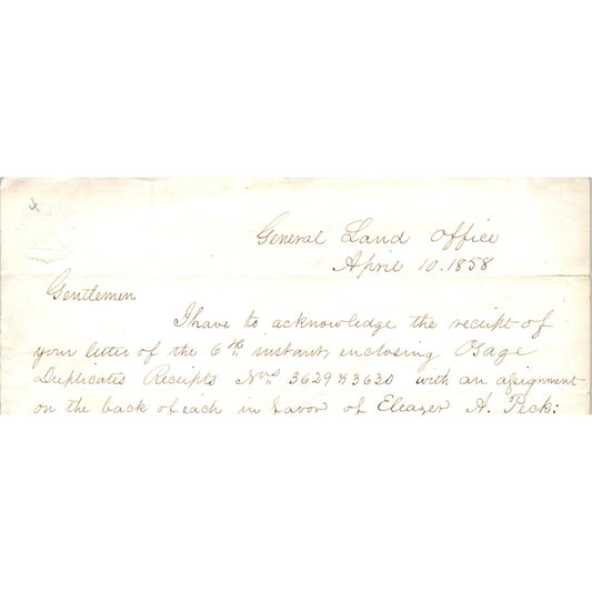 1858 Handwritten Letter General Land Office Regarding Eleazer A. Peck D21