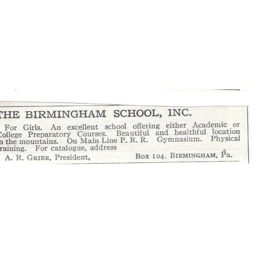 The Birmingham School, Inc. Birmingham PA A.R. Grier c1920 Harper's Ad AG4-S9
