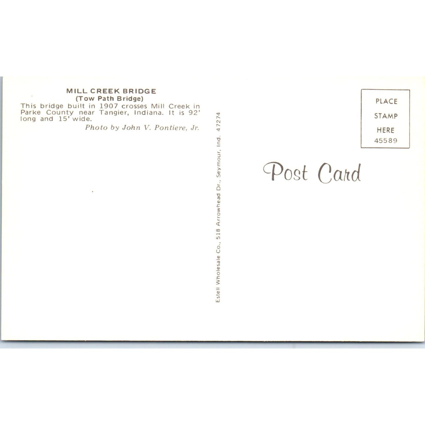 Mill Creek Tow Path Bridge Tangier IN Vintage Covered Bridge Postcard PD6