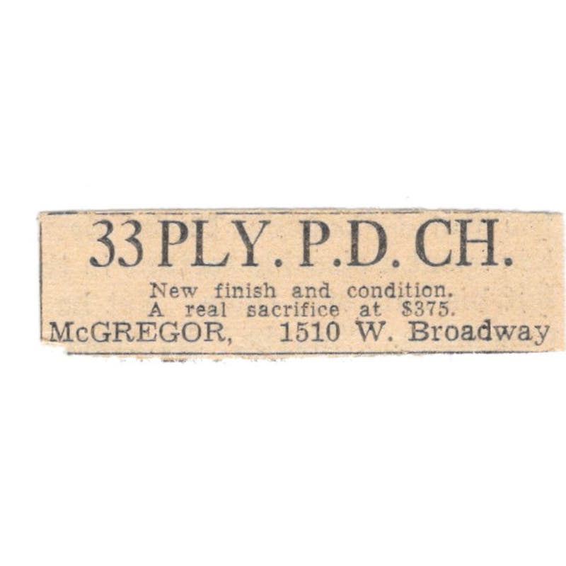 33 Ply P.D. CH. McGregor W. Broadway 1935 Minneapolis Journal Ad AE7-H3