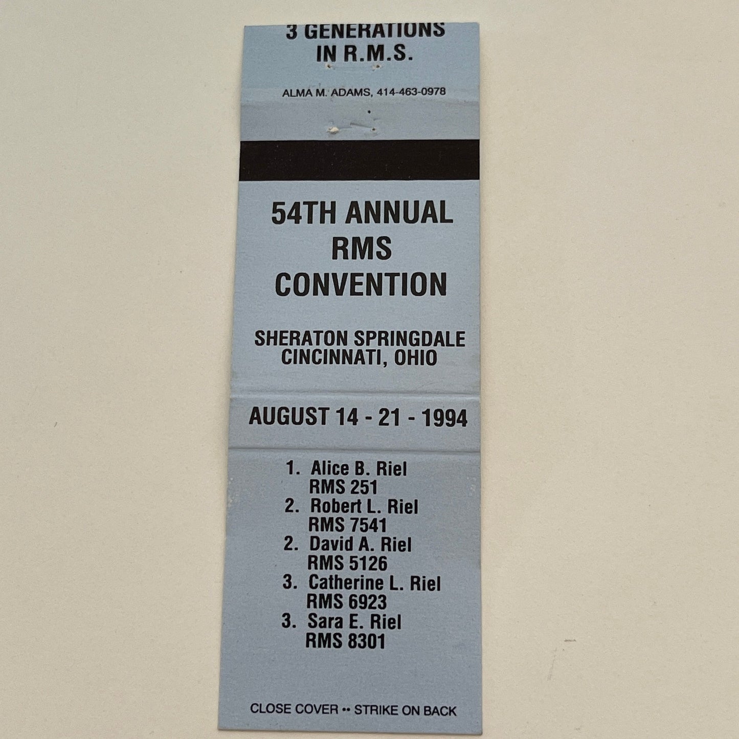 1994 RMS Convention Cincinnati Ohio Vintage Matchbook Cover TB6-MB2-3