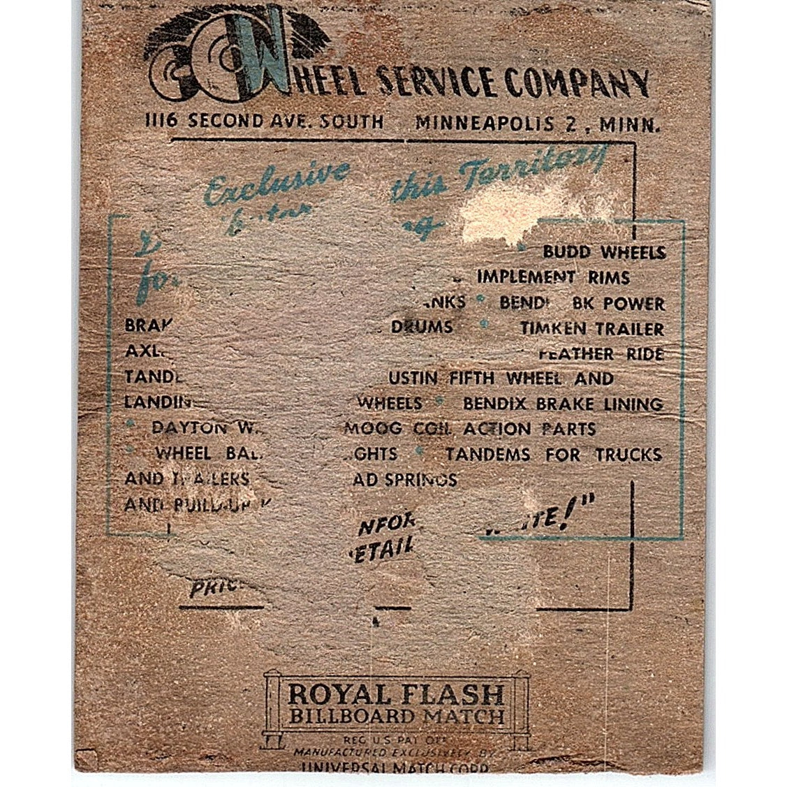 Wheel Service Co 2nd Ave So Minneapolis Vintage Large Matchbook Cover ML1-8