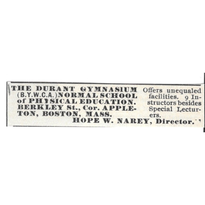 The Durant Gymnasium Normal School Cor. Appleton Hope W. Narey 1892 Ad AG2-S23
