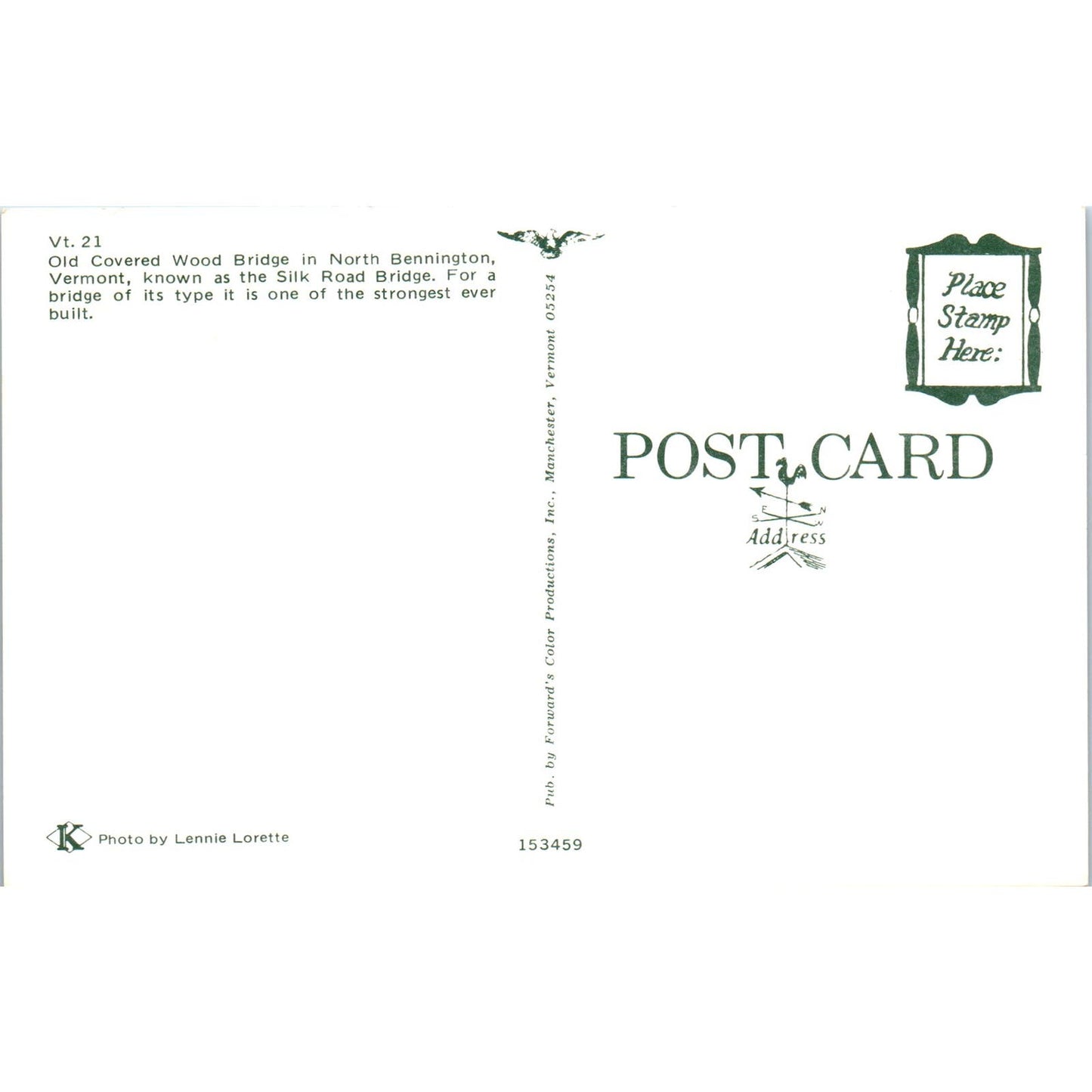 Silk Road Bridge North Bennington Vermont Covered Bridge Postcard PB13