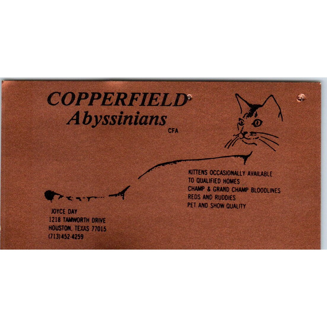 Copperfield Abyssinians Cats Joy Day Houston TX Vintage Business Card SD8-B15