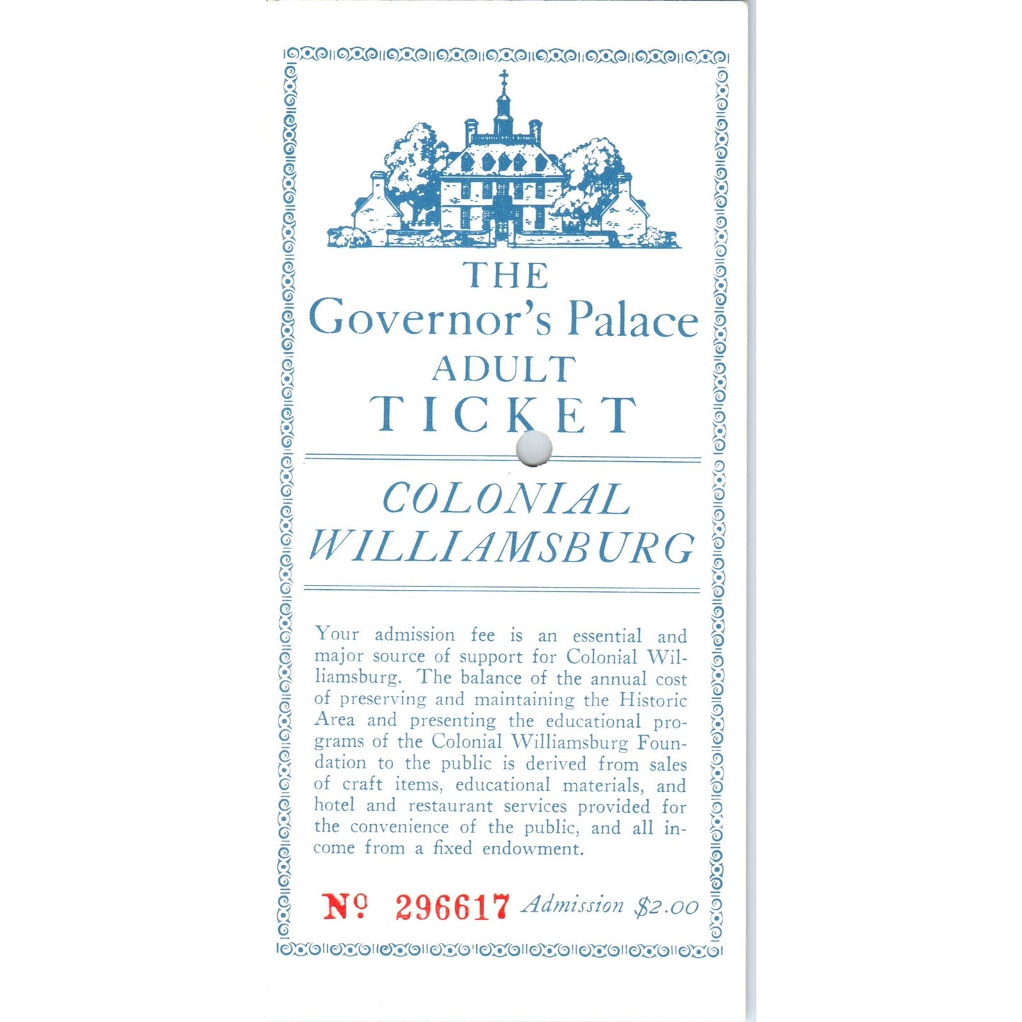 1970s Colonial Williamsburg Governor's Palace Adult Ticket Stub Leaflet TF4-BC
