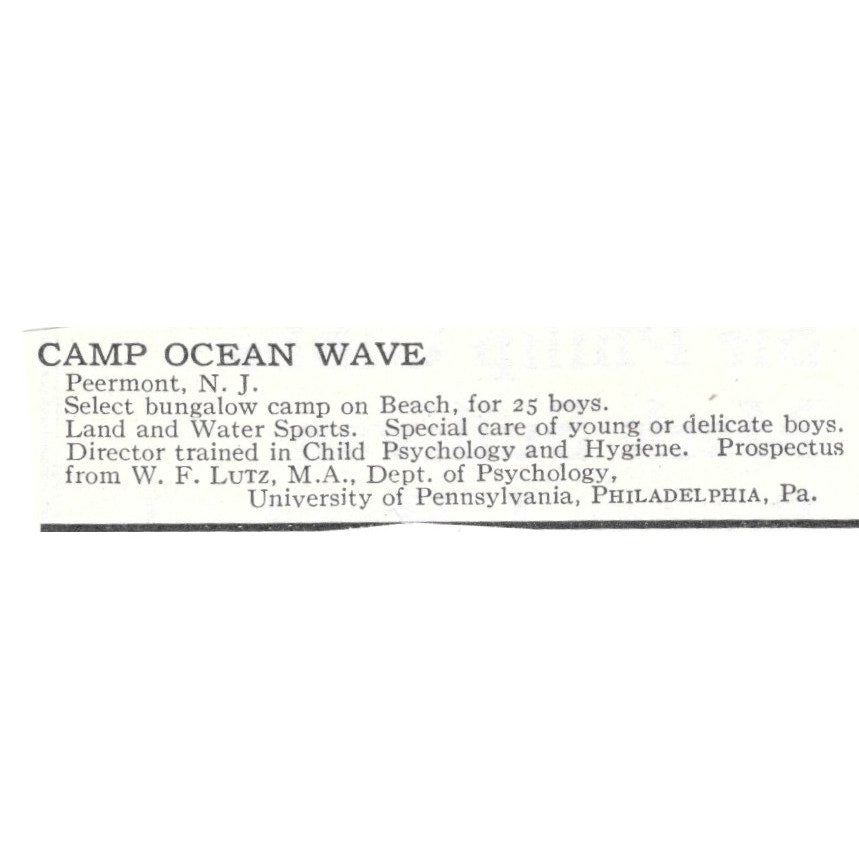 Camp Ocean Wave Philadelphia PA WF Lutz c1920 Harper’s Magazine Ad AG4-S2