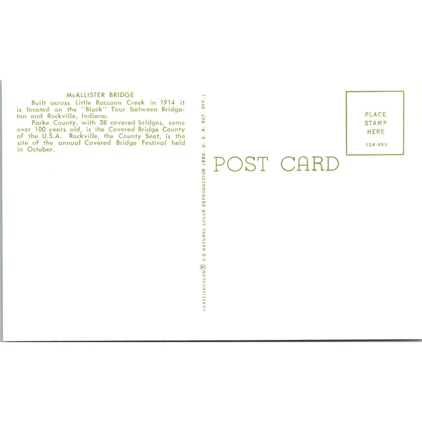 McAllister Bridge Little Raccoon Creek Rockville IN Covered Bridge Postcard PD3